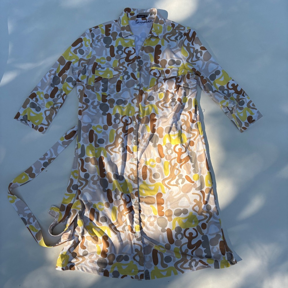 J.McLaughlin XL Abstract Print Button Front Shirt Dress Yellow Brown 3/4 Sleeve